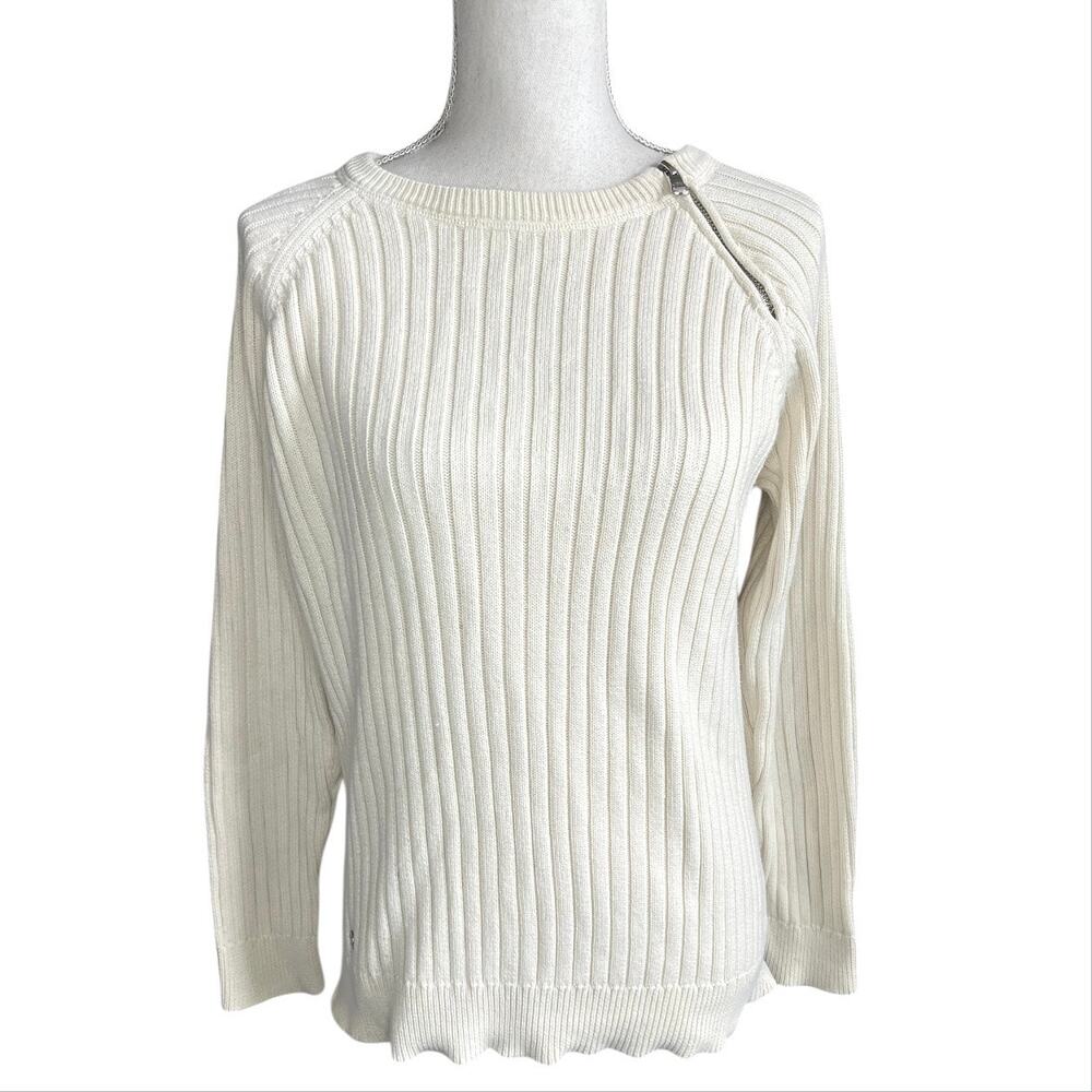 Lauren Ralph Lauren Crewneck Ribbed Zip-Shoulder Sweater Cream preppy cotton - Picture 1 of 7